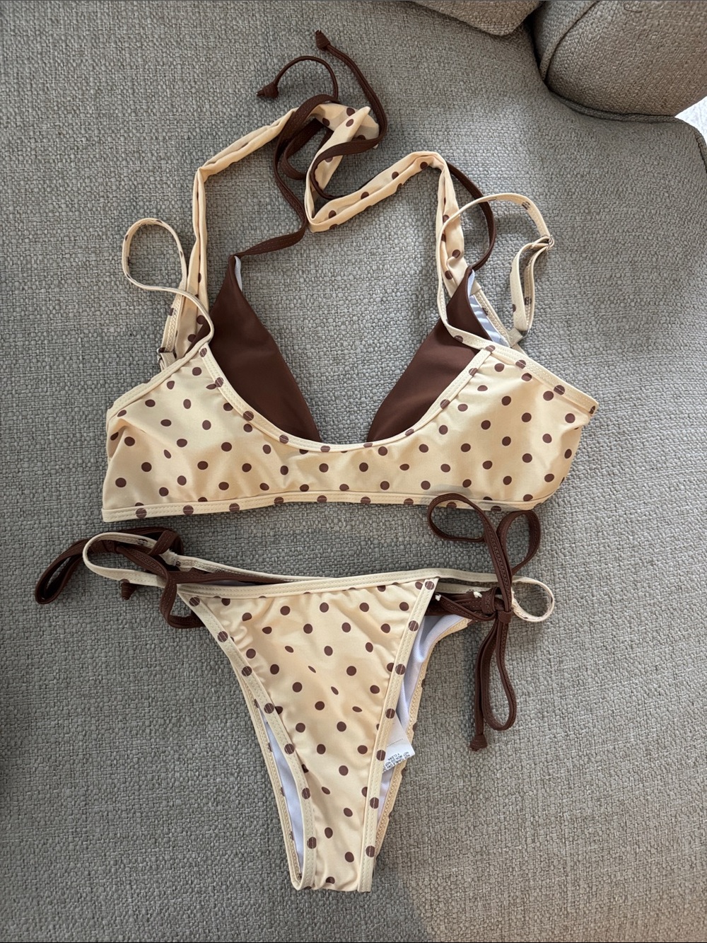 Polka Dot Tie-Side Bikini Set in Cream and Brown